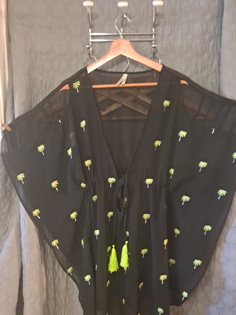 Moon Orchid Black Sheer Palm-Embroidered Kaftan with Neon Tassels Cover Up